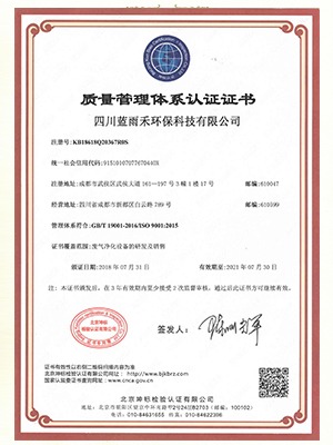 藍雨禾質量體系認證證書